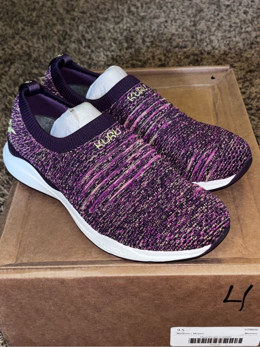 Kuru Stride Women 9.5 Slip On Walking Shoes Berry Purple Gold Knit Sneakers NEW